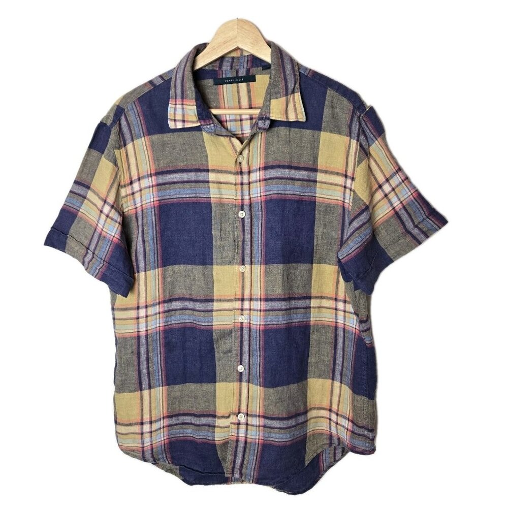 Perry Ellis Linen Button Up Shirt Mens Medium Plaid Blue‎ Yellow Summer Beach
